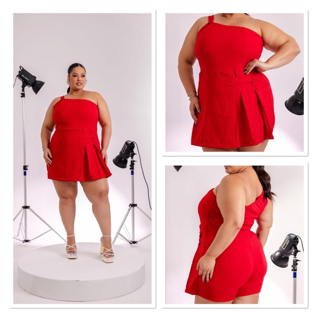 Macaquinho short saia preguinha na saia e 1 alça. Ref:  1889