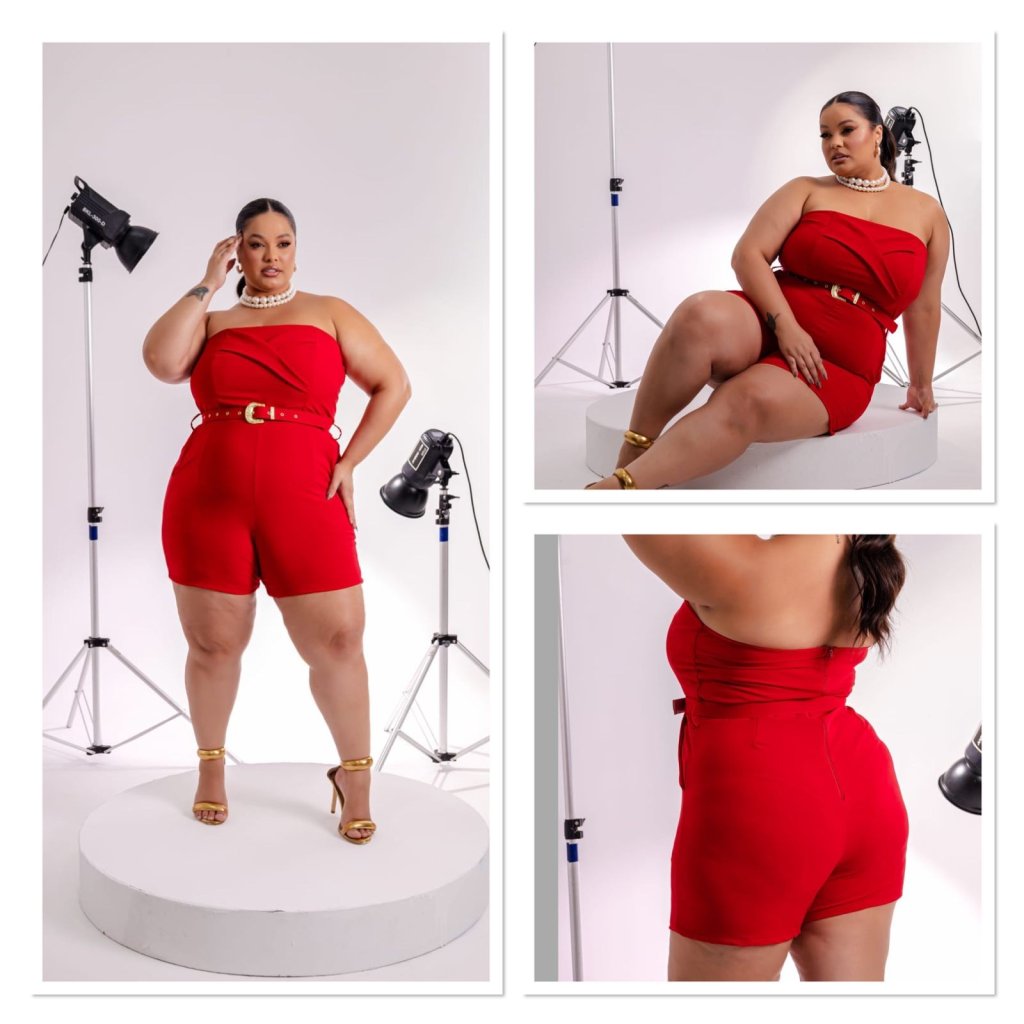 Macaquinho tomara que caia com detalhe no peito + cinto. Ref: 1894