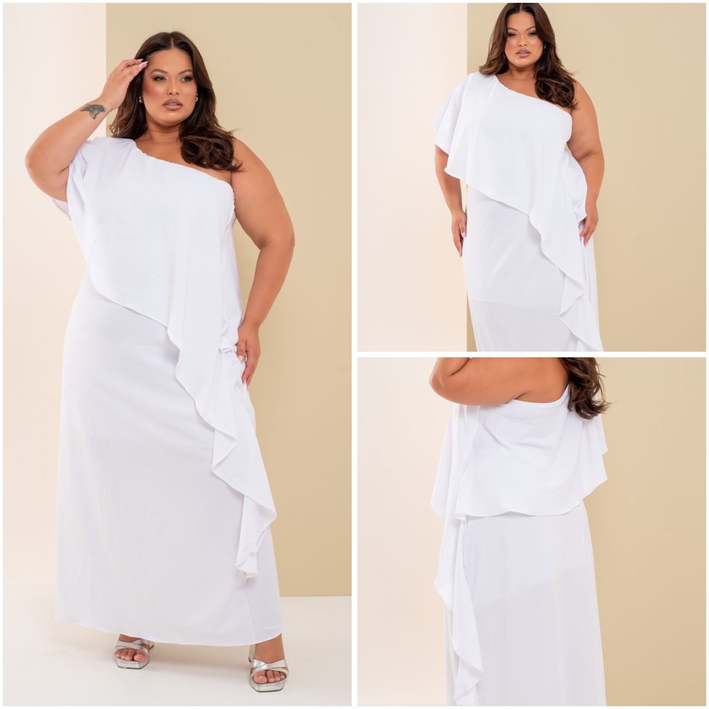 Vestido longo 1 manga + babado por cima e fenda na lateral ref1905