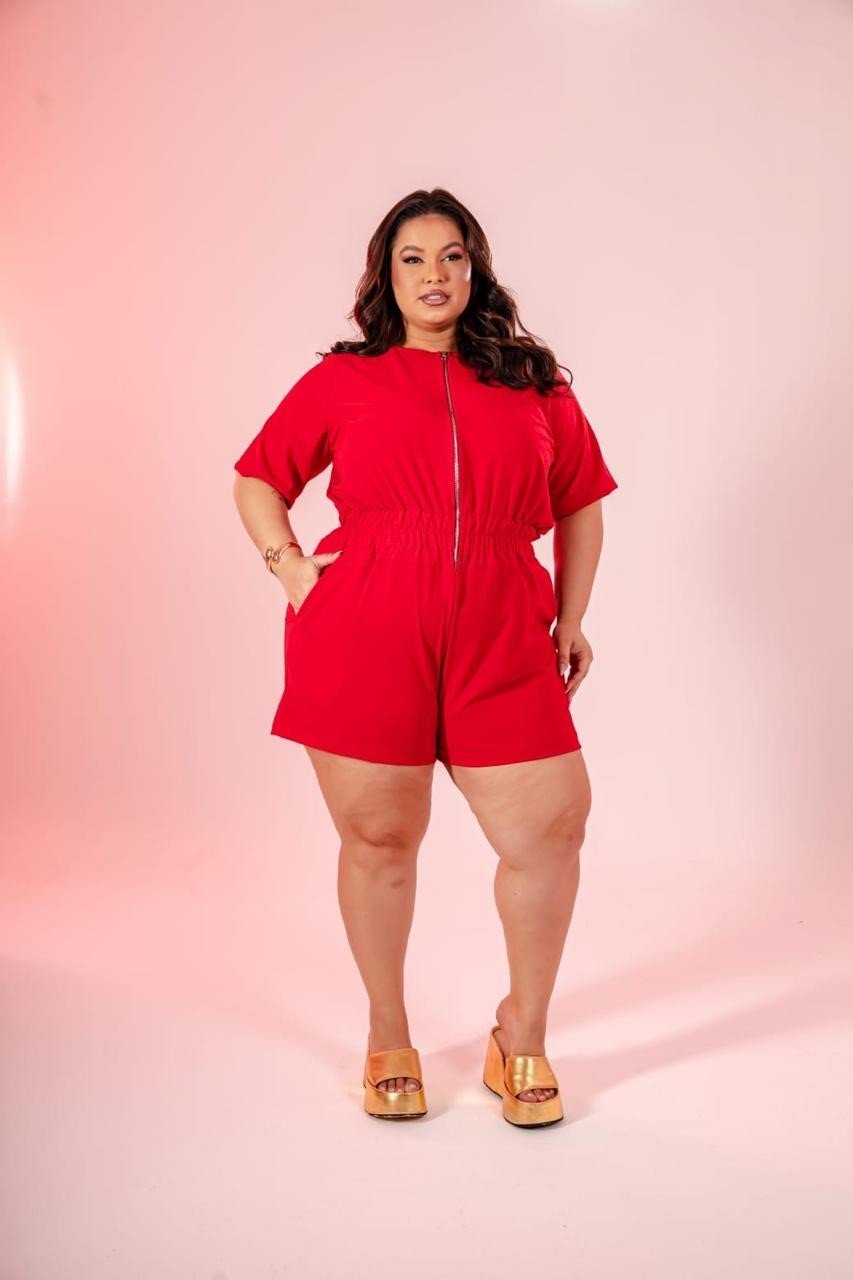 Macaquinho zíper + elástico na cintura Ref:1695