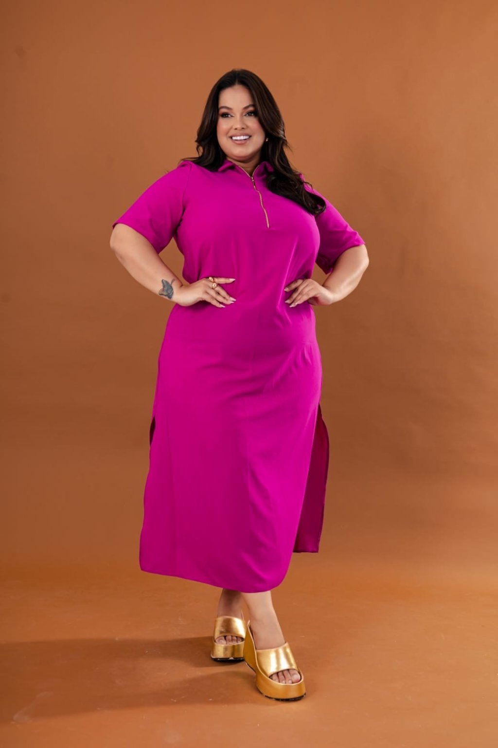 Vestido longo com zíper + fenda na lateral. Ref: 1720