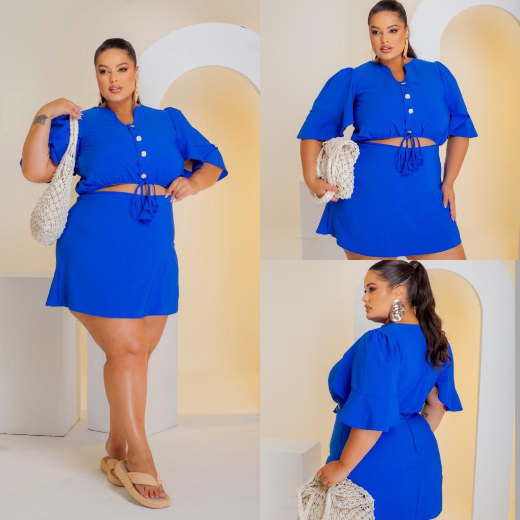 Conjunto blusa manga com botão short saia ref2141