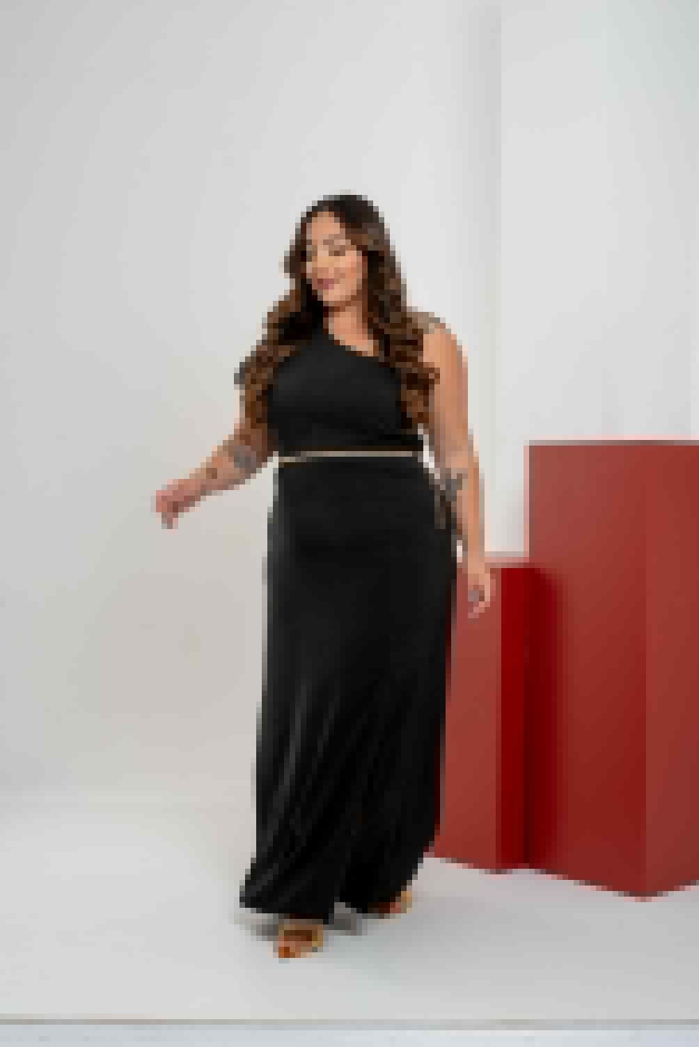 Vestido longo MIDSIZE 1 manga + cinto dourado ref1921