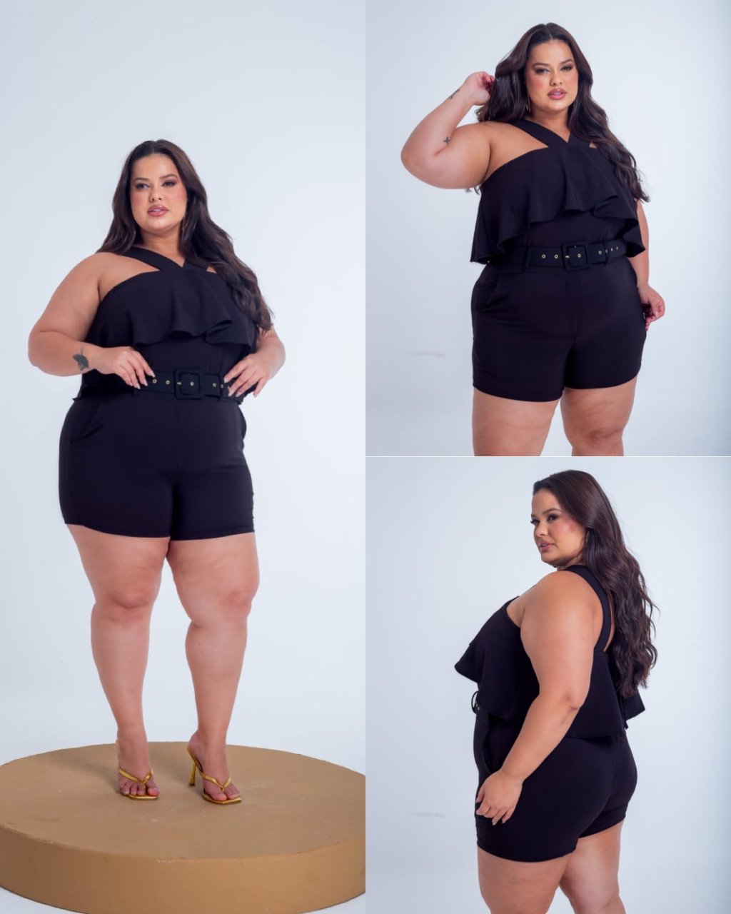 Macaquinho alça em V + babado na frente e cinto ref2210