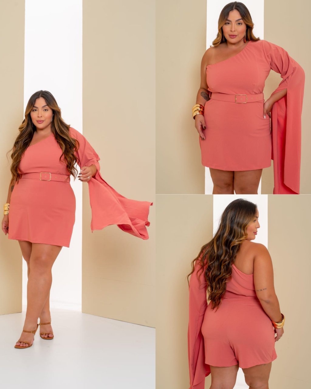 Macaquinho MIDSIZE um ombro manga longa short saia ref2239