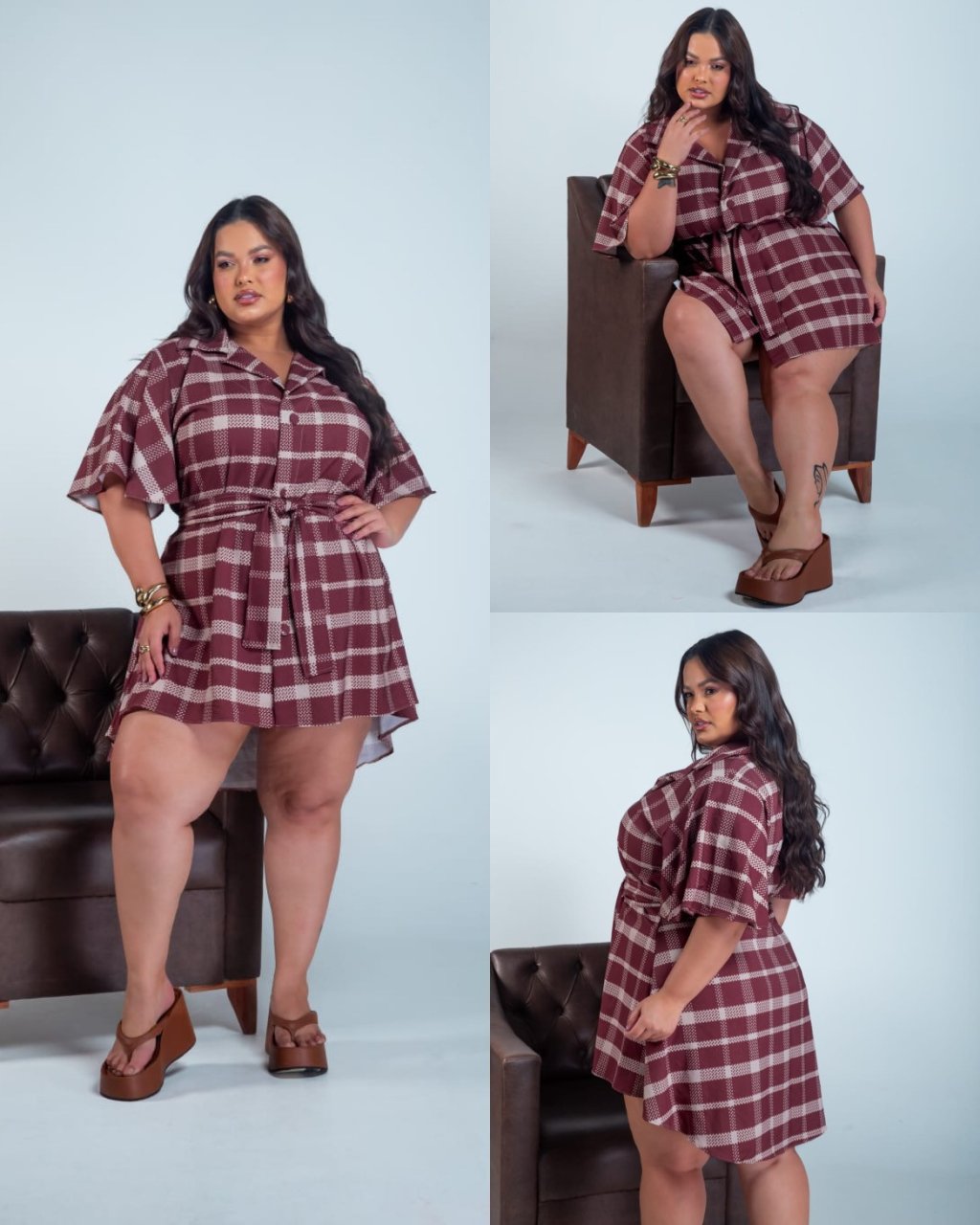 Vestido xadrez manga flere + faixa e botão ref2244