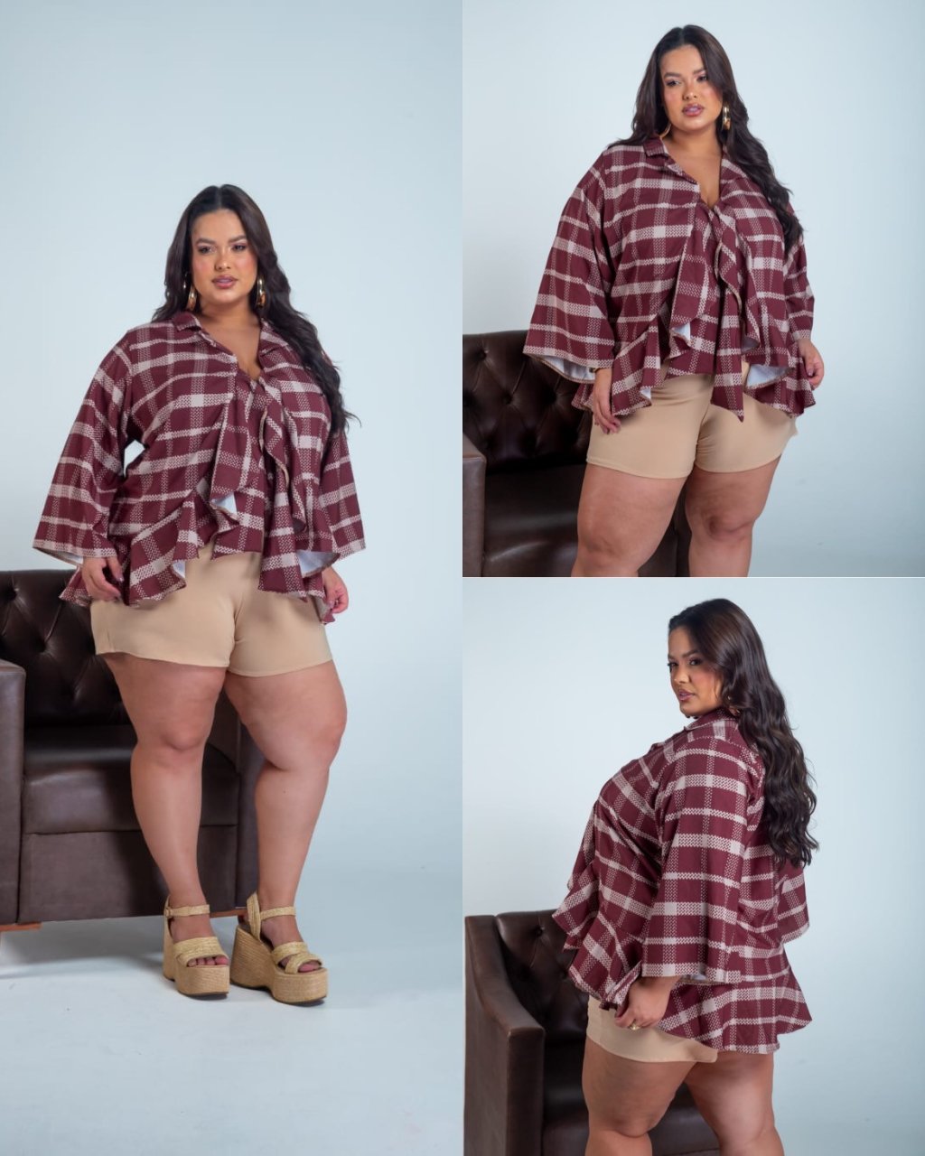 Conjunto blusa Xadrez  babado na frente manga longa flere ref2245