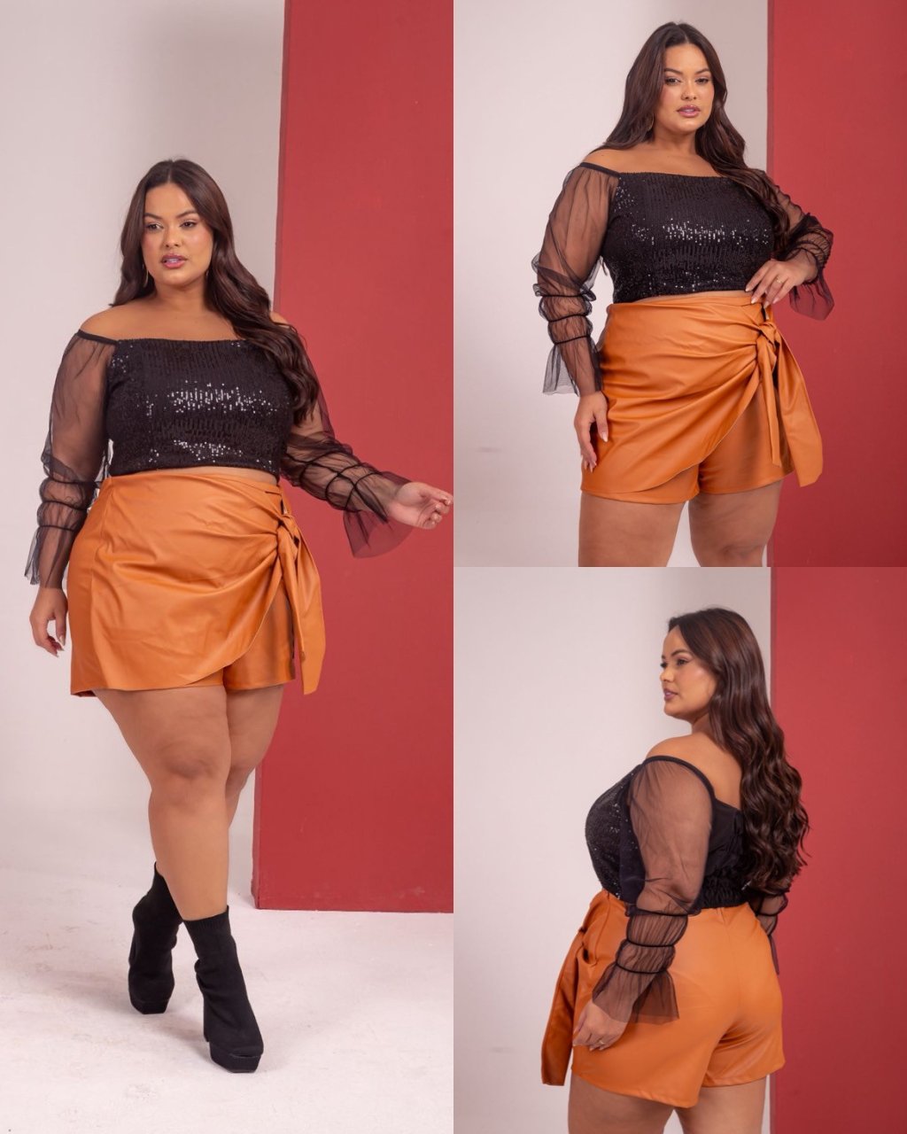 Conjunto short paetê +couro PLUSSIZE 48/50