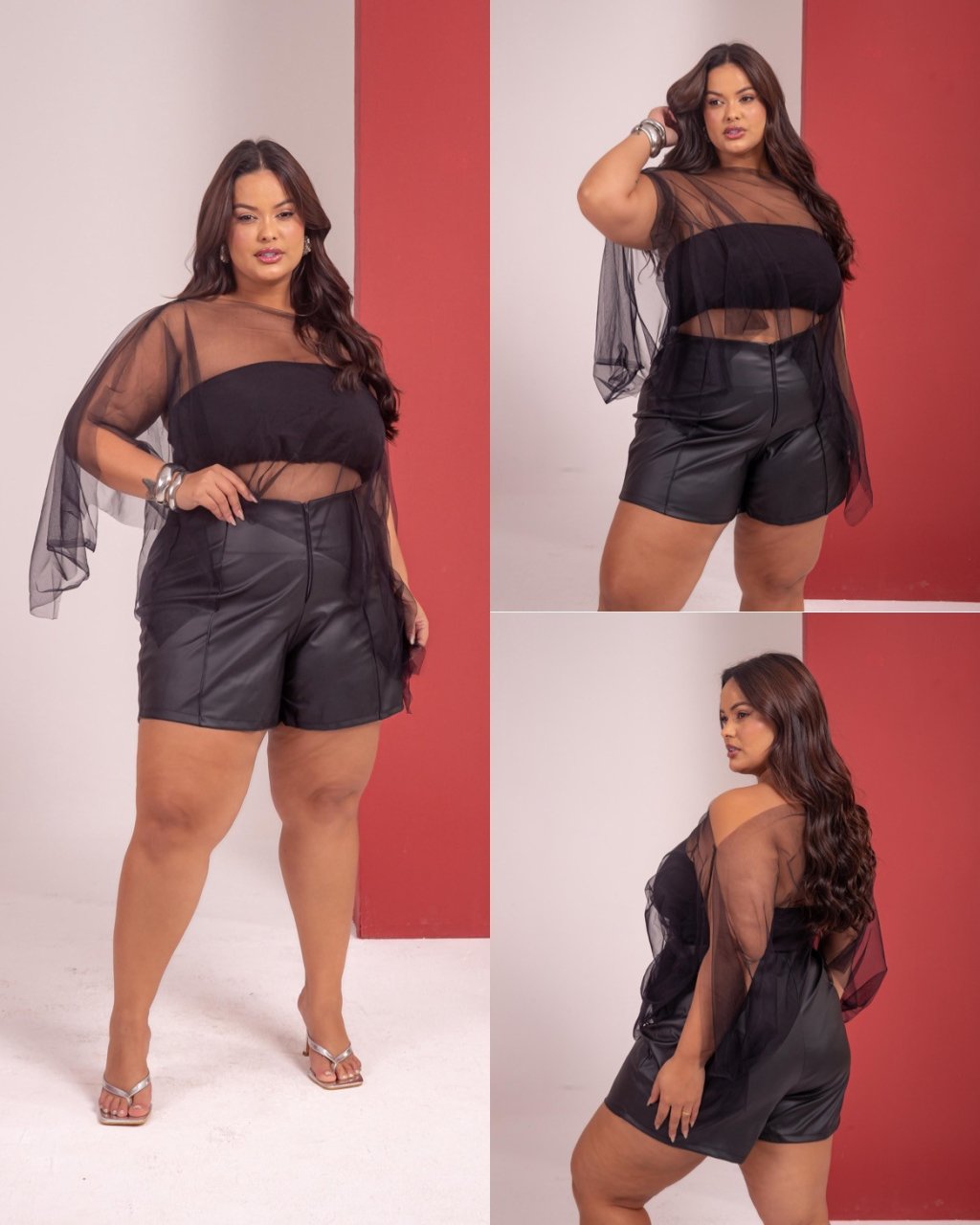 Conj short couro blusa paetê PLUSSIZE 48/50