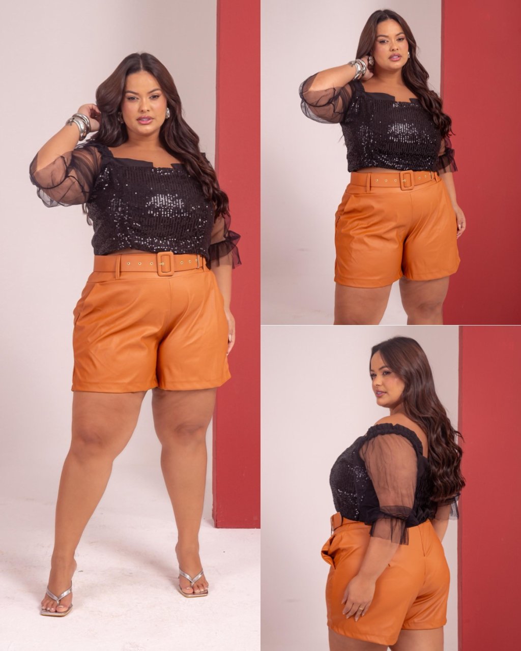 Conj short couro blusa paetê PLUSSIZE 48-50