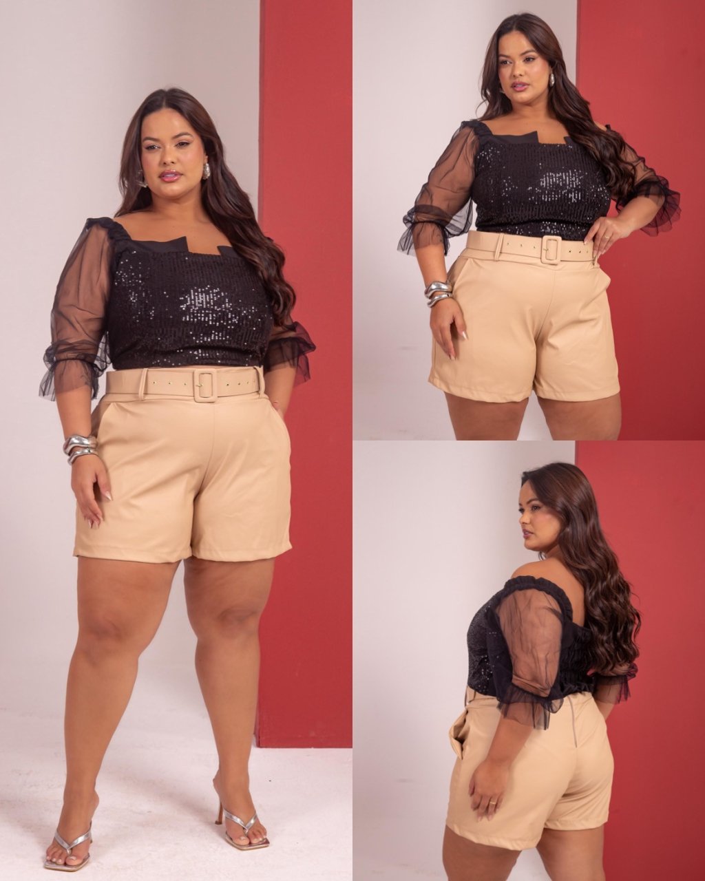 Conj short couro blusa paetê PLUSSIZE 48-50