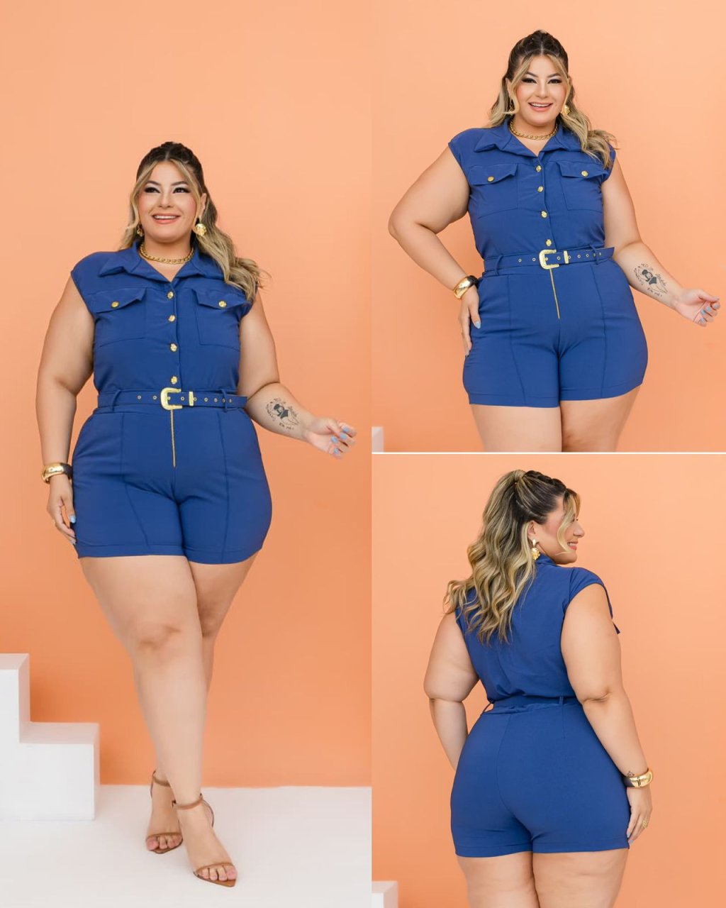 Macaquinho de zíper plus size. Ref: 2908