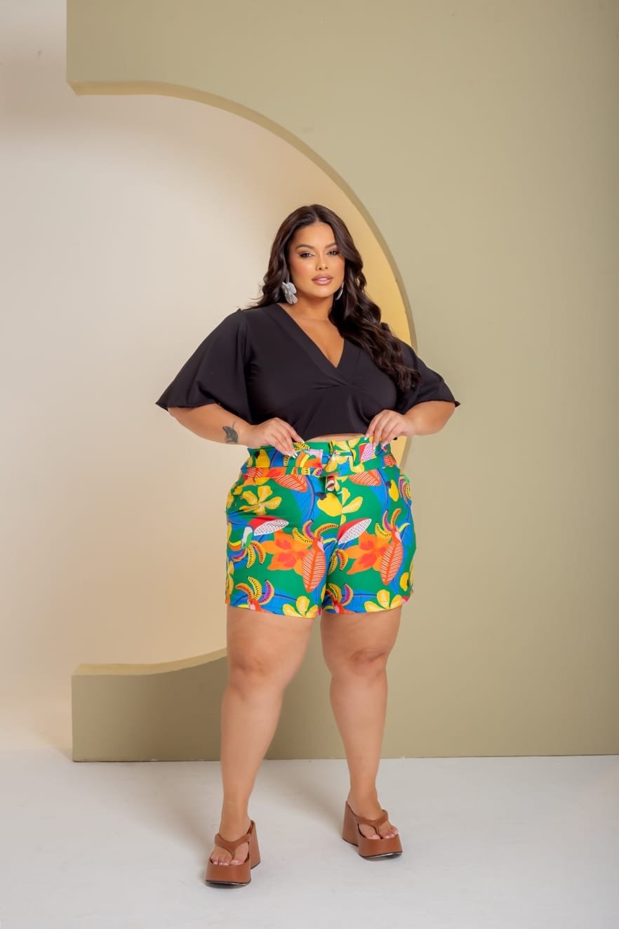 Conjunto short viés na cintura blusa manga flê ref2110