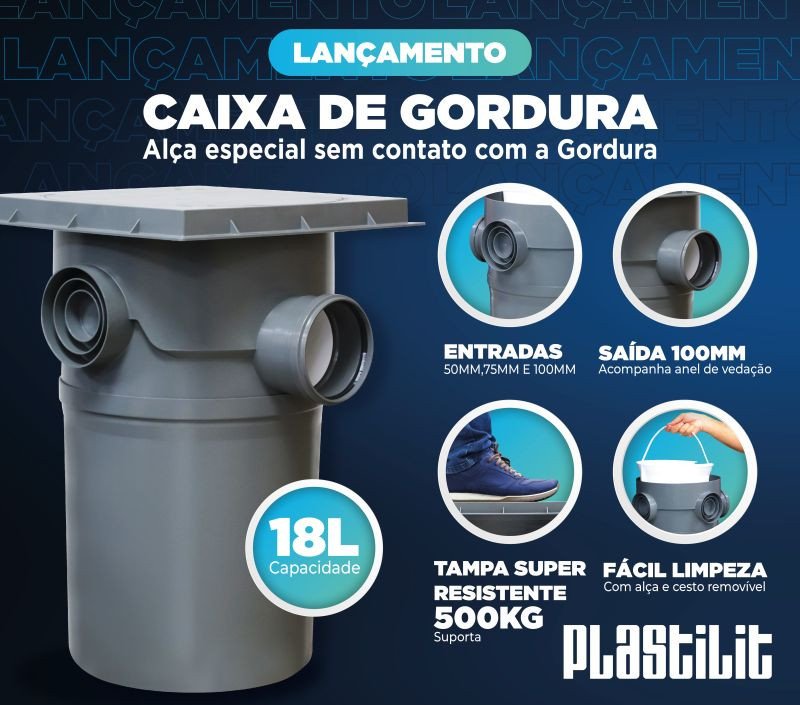 Super Caixa de Gordura Reforçada Sifonada 18L - Plastilit