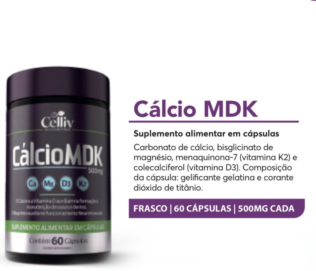 SUPLEMENTO ALIMENTAR DE CÁLCIO, MAGNESIO, VITAMINA D E K EM CAPSULAS 500MG CELLIV