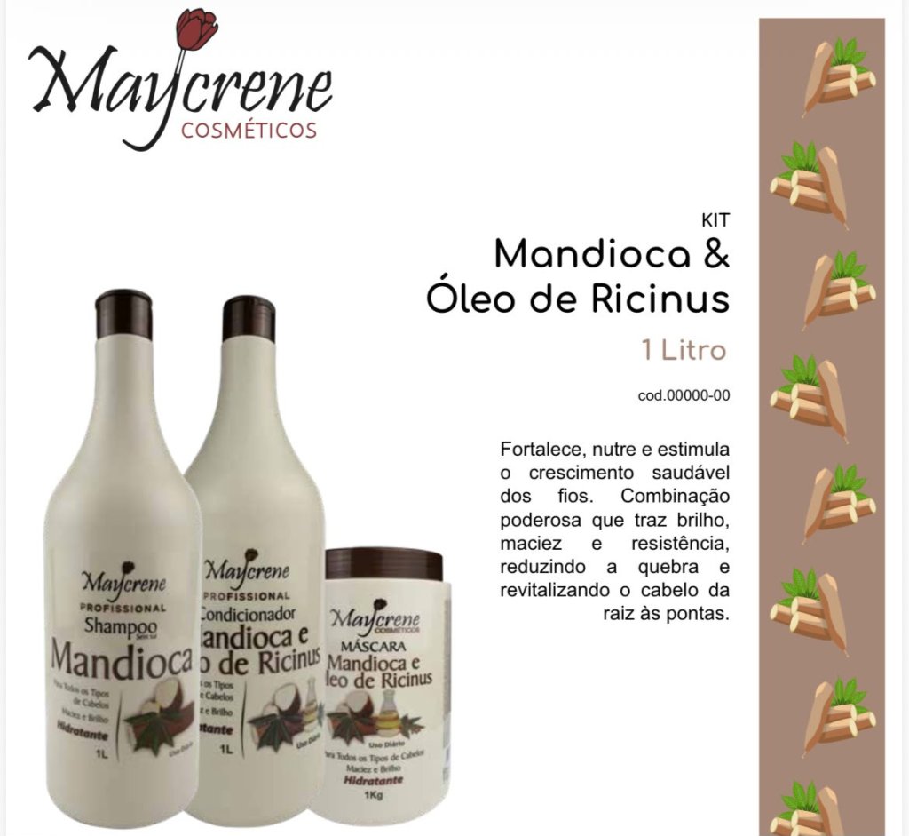KIT CAPILAR MANDIOCA E ÓLEO DE RICINUS 1 LITRO 3 PEÇAS MAYCRENE