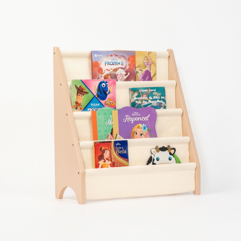 Rack Porta Livros Infantil, Standbook Montessoriano 4 Bolsos areia fofa