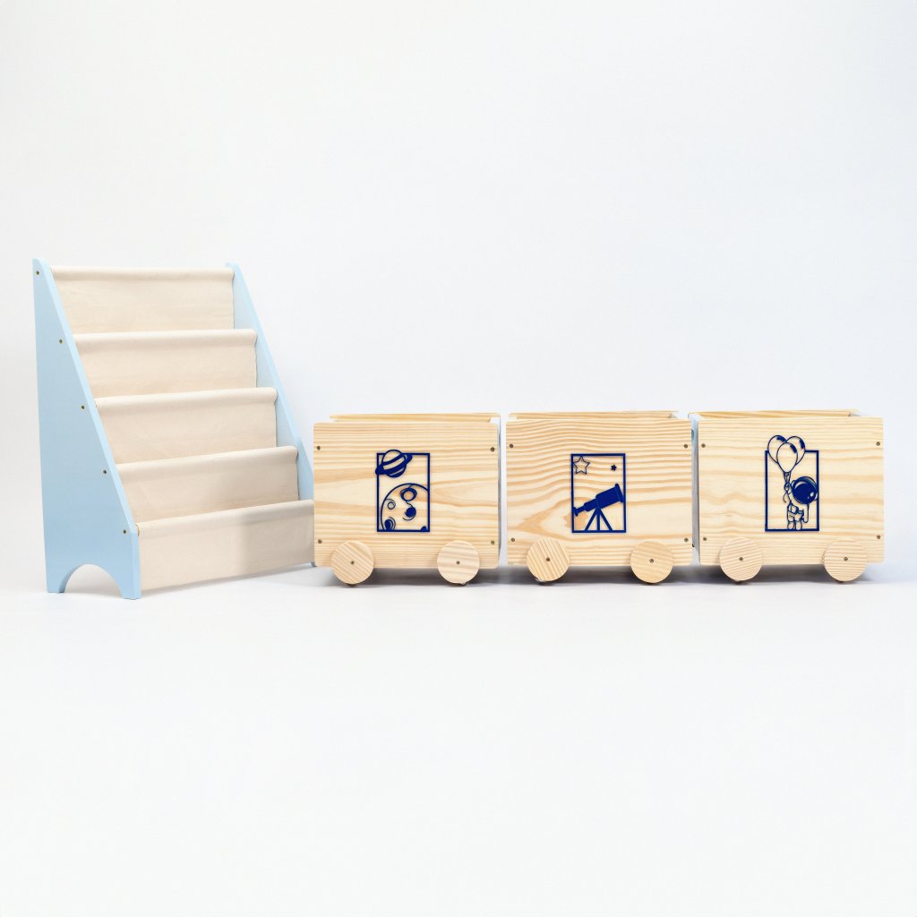 Kit Organizadores Montessori, Rack Livros +Trio Caixas de Brinquedos