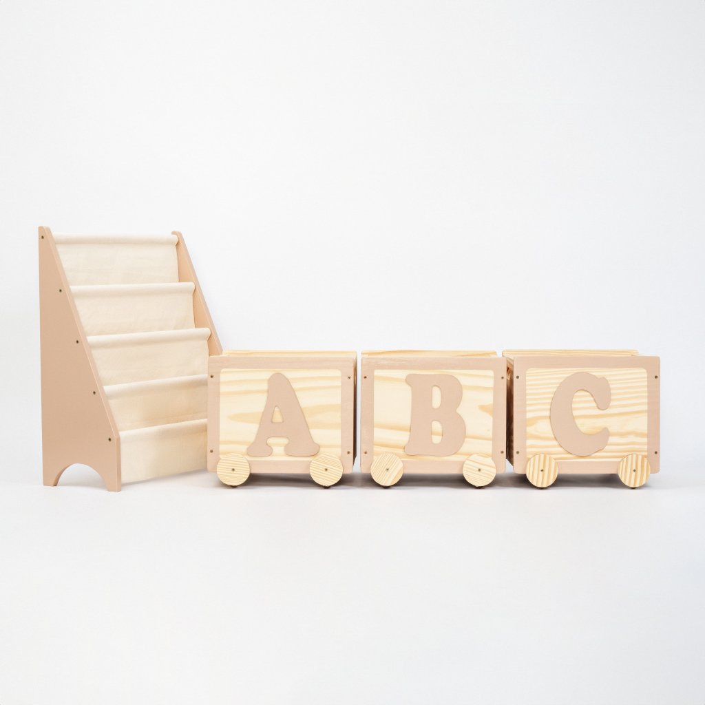 Kit Organizadores Montessori, Rack Livros +Trio Caixas de Brinquedos