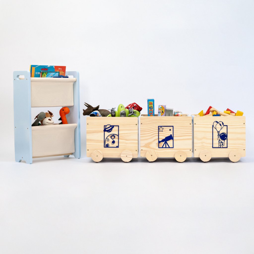 Kit Organizadores Montessori, Rack Pocket +Trio Caixas de Brinquedos Astronauta