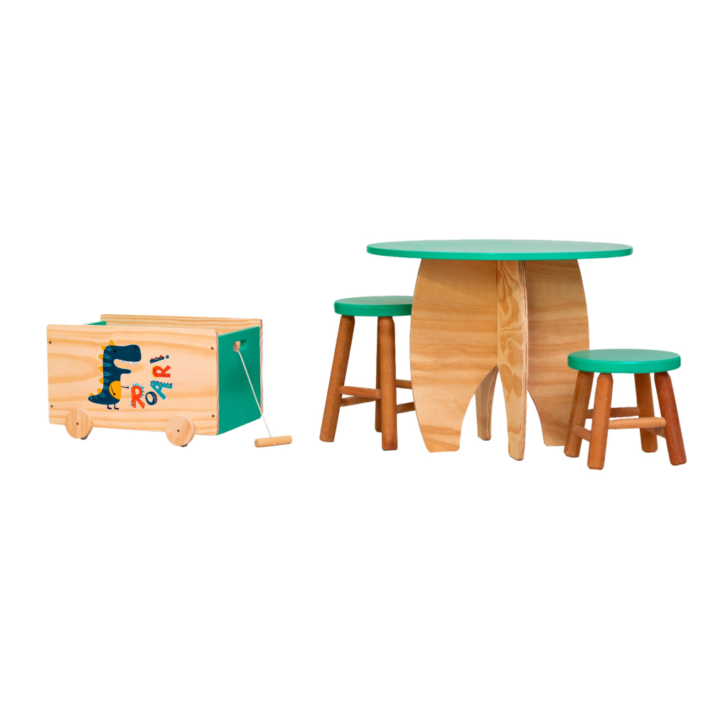 Mesa de Atividades com Banquinhos + Caixa de Brinquedos Dinossauro