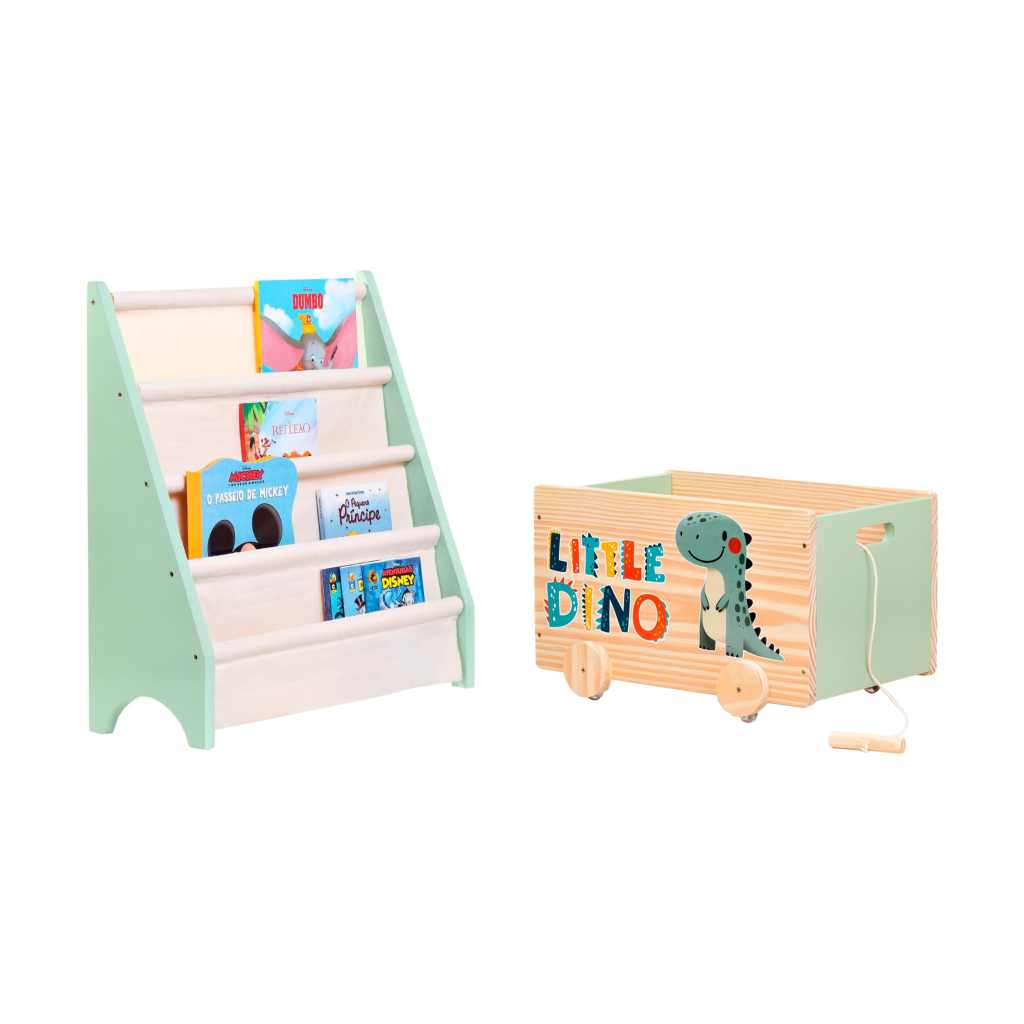 Kit Rack Para Livros + Caixa de Brinquedos Little Dino verde organico