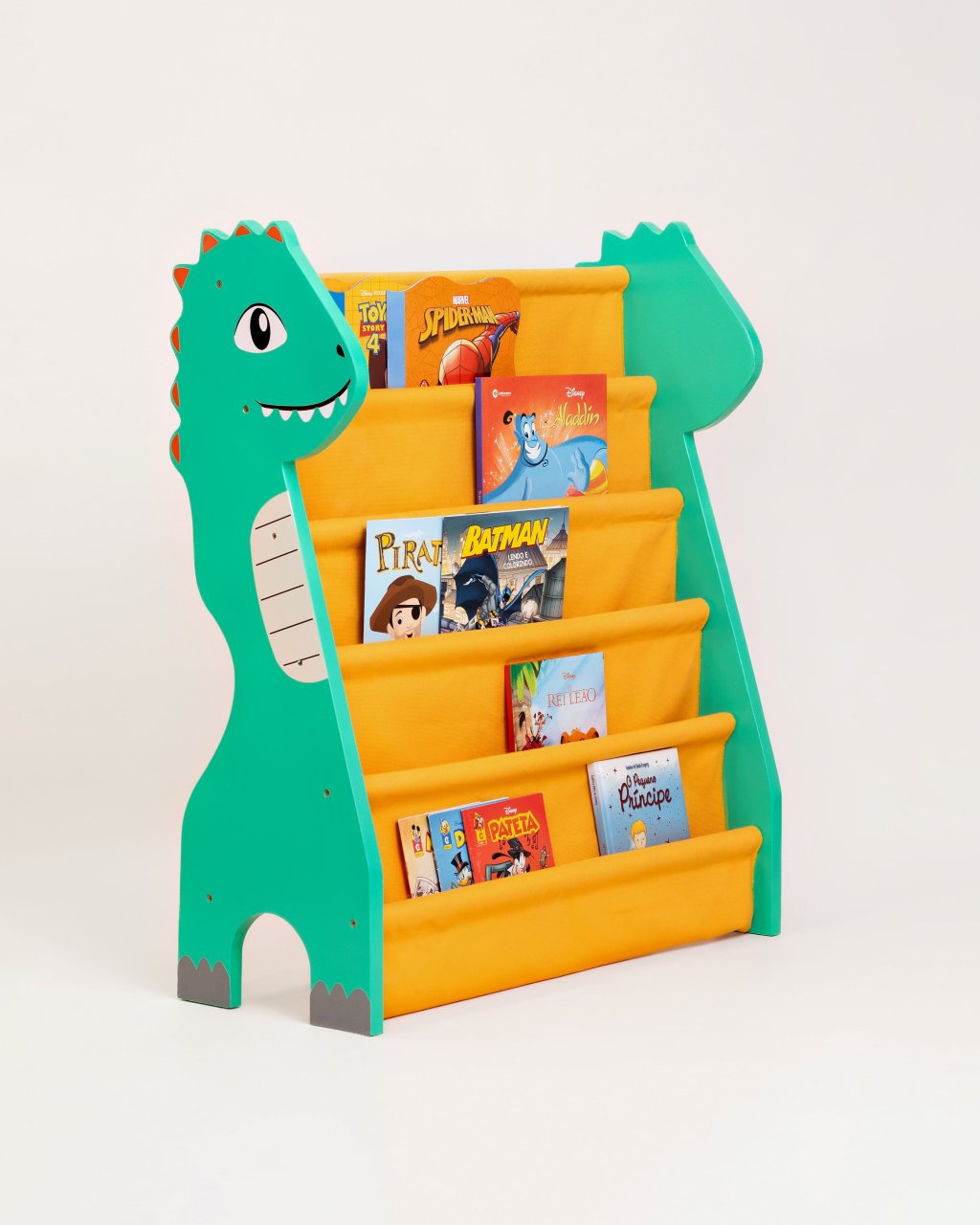 Rack para Livros Infantil Standbook Dinossauro Verde e Amarelo vivo