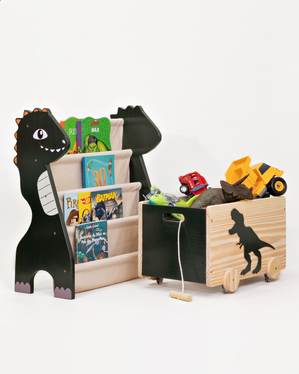 Rack para Livros Infantil Standbook + Caixa de Brinquedos Dinossauro Verde escuro