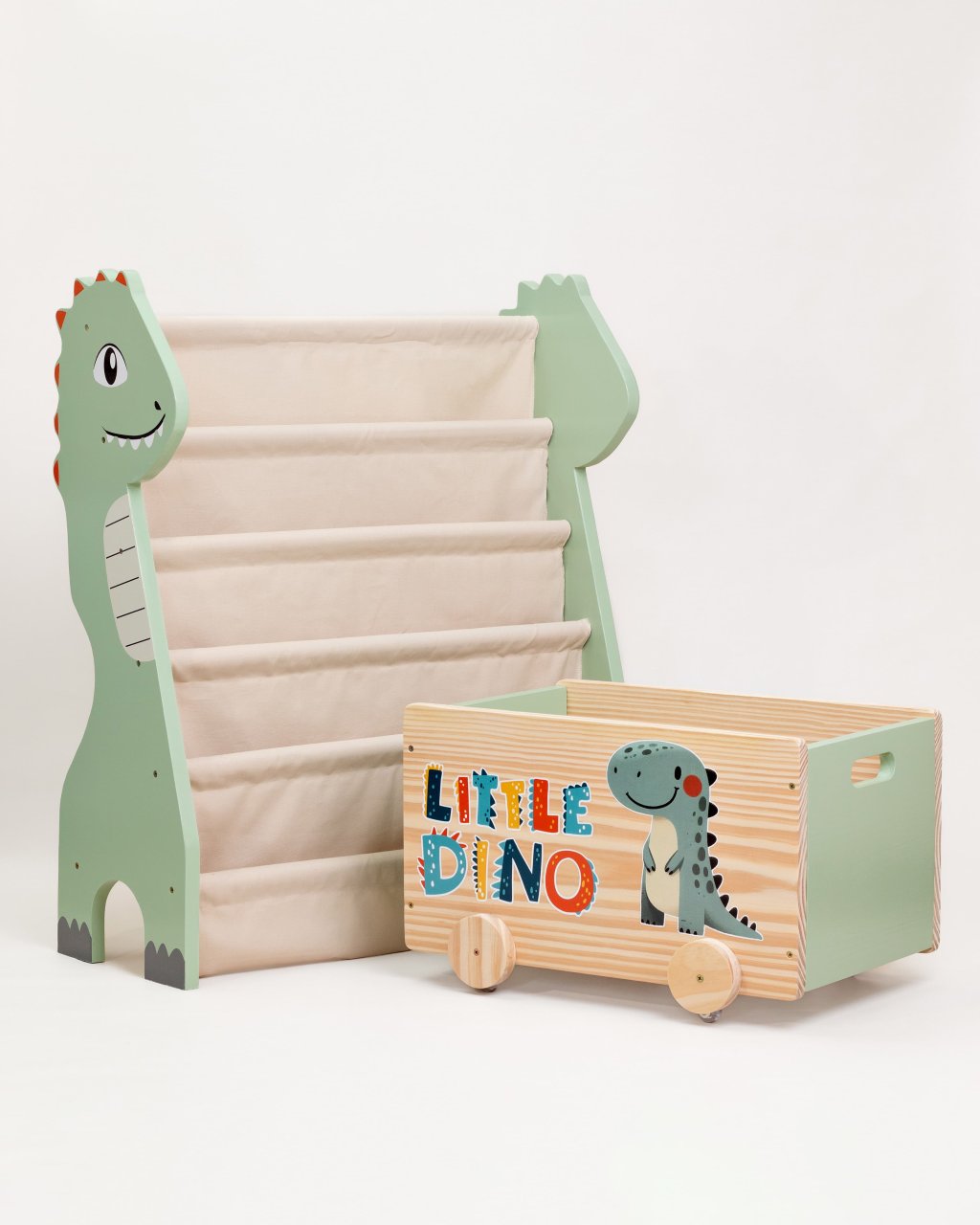 Rack para Livros Infantil Standbook + Caixa de Brinquedos Dinossauro Verde organico