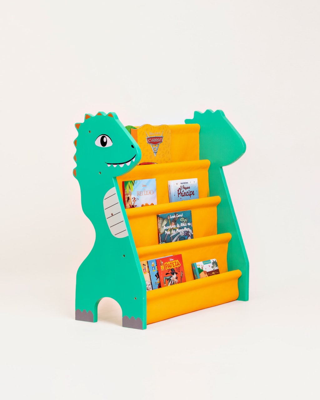 Rack para Livros Infantil Standbook Dinossauro Verde e Amarelo vivo