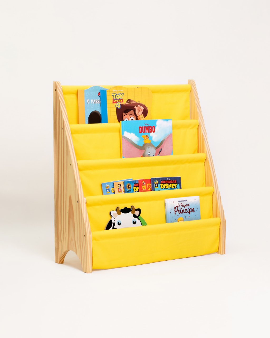 Rack Porta Livros Infantil, Standbook Montessoriano 4 Bolsos Amarelo vivo