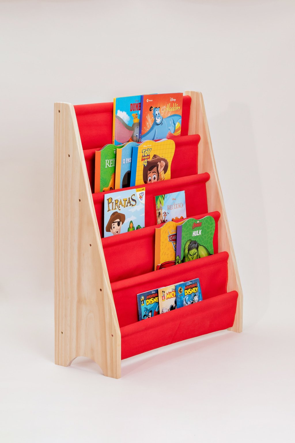 Rack Porta Livros Infantil, Standbook Montessoriano 5 Bolsos vermelho