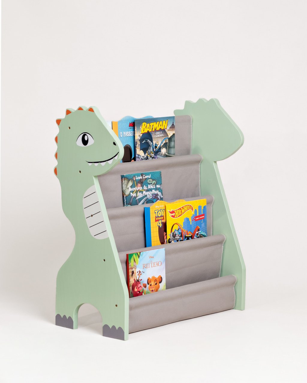 Rack para Livros Infantil Standbook Dinossauro Verde organico com cinza
