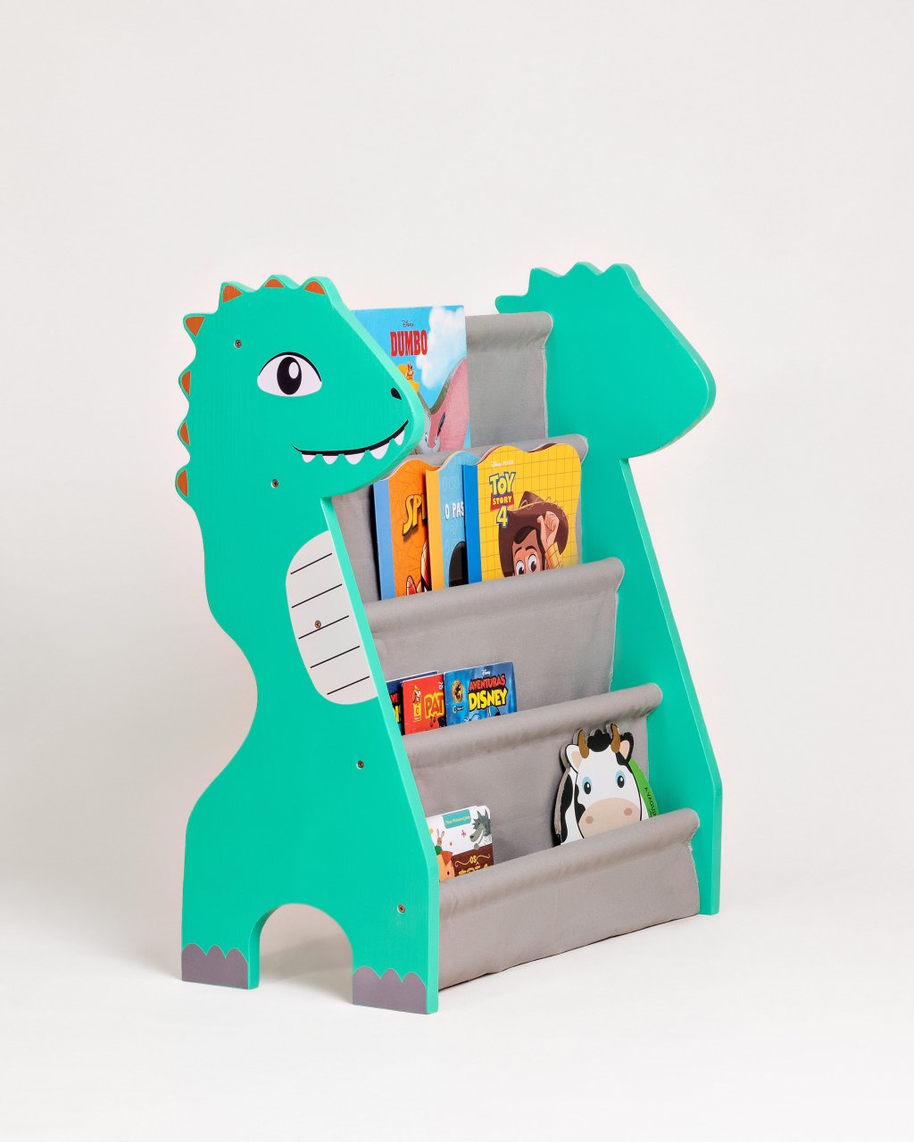 Rack para Livros Infantil Standbook Dinossauro Verde menta com cinza