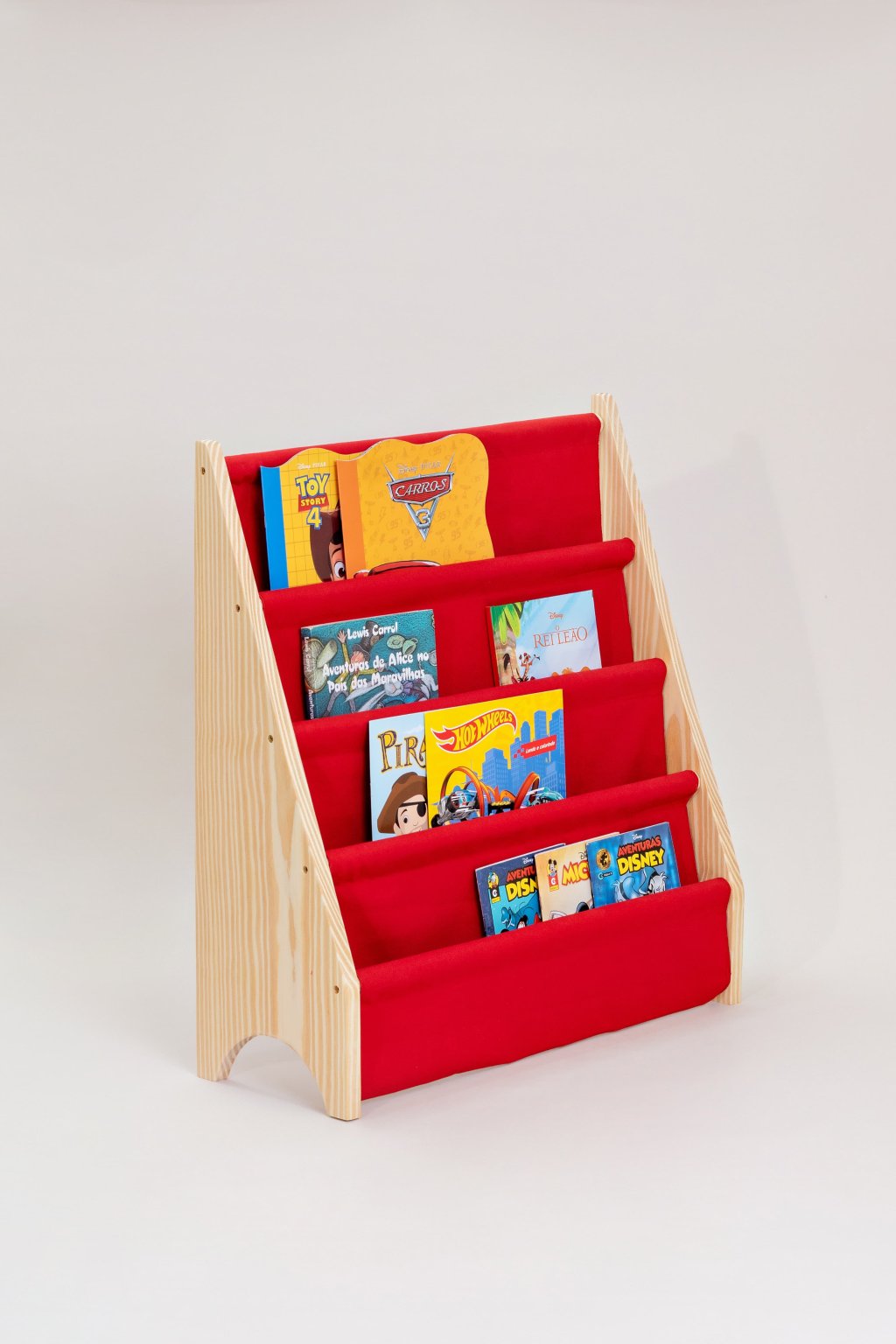 Rack Porta Livros Infantil, Standbook Montessoriano 4 Bolsos vermelho
