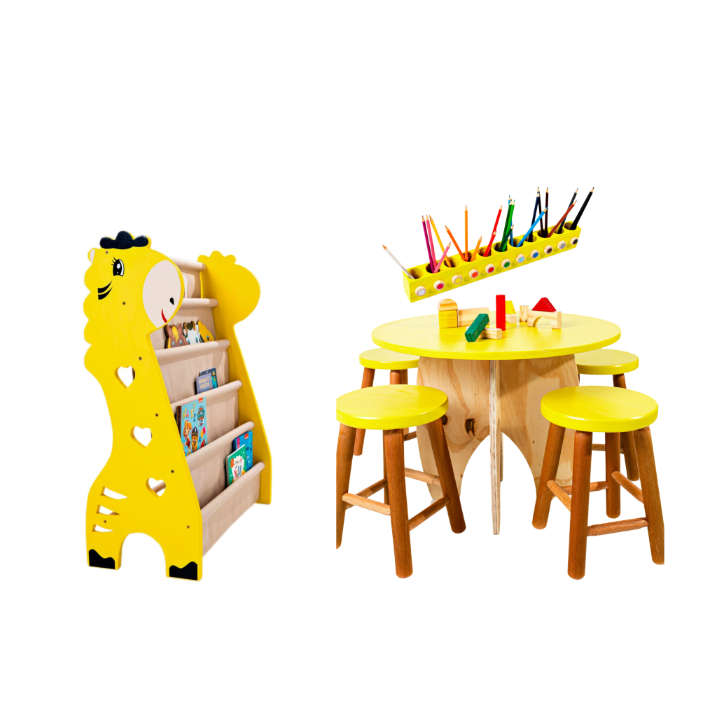 Mesa de Atividades + Porta Lápis de Colorir + Rack Livros Girafa 5 Bolsos