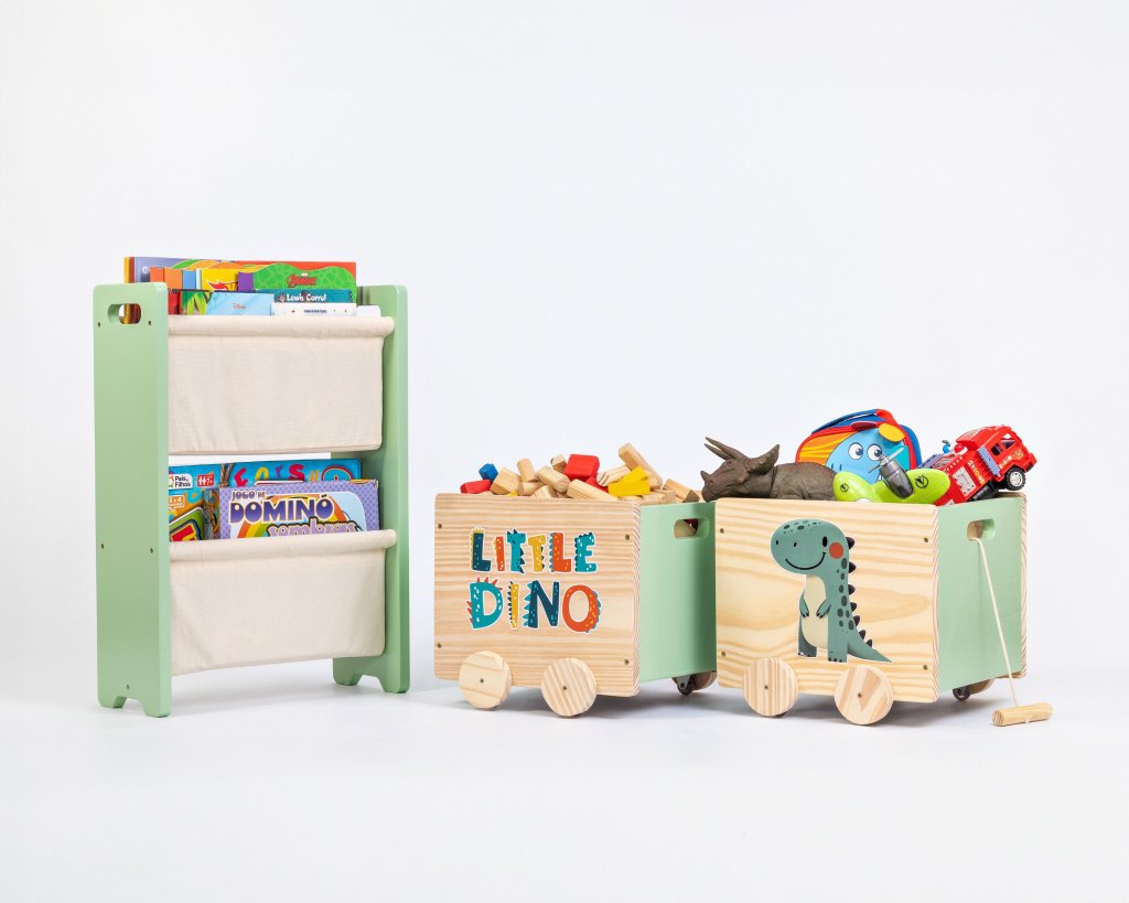 Kit Montessori Rack Organizador + Caixas De Brinquedos Little Dino