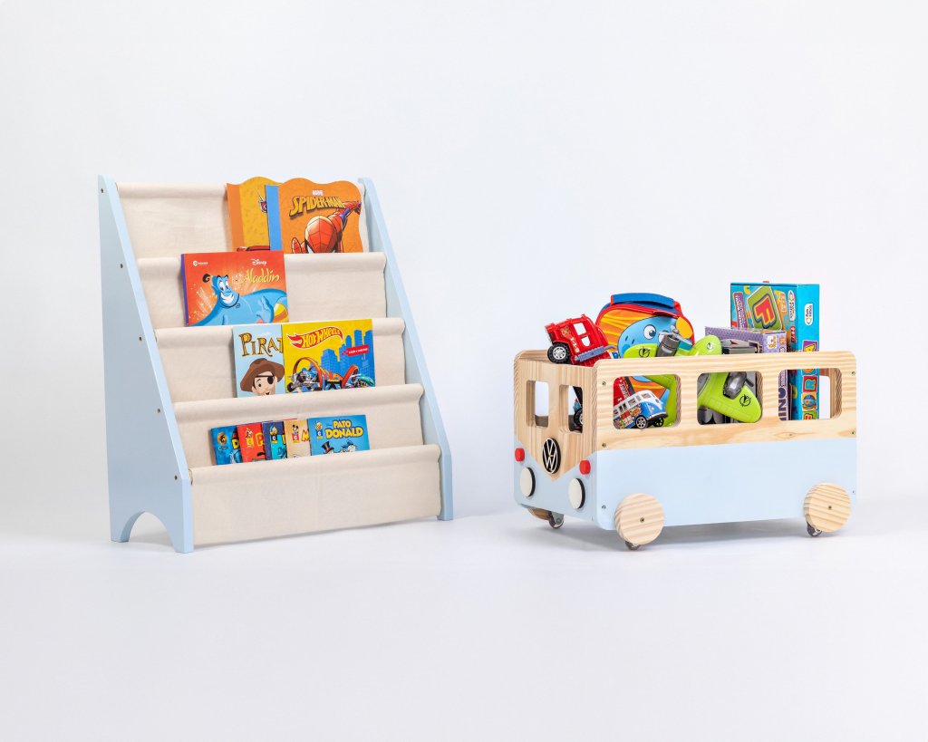 Brinquedoteca Montessori Rack Livros + Caixote Kombi Azul