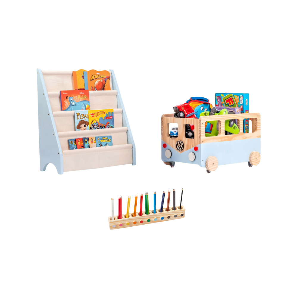 Kit Montessori Kombi Guarda Brinquedos, Porta Livros E Lápis