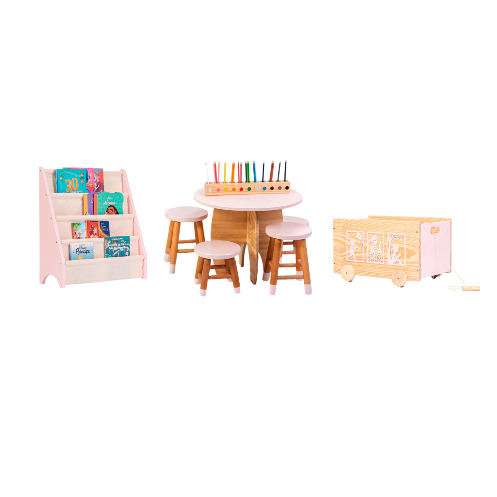 Kit Montessori, Mesa Ativid Completa + Rack Livros + Caixote