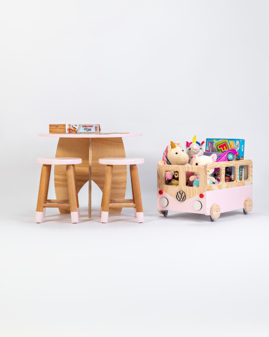 Kit Mesa De Atividades + Caixa De Brinquedos Kombi Rosa Candy