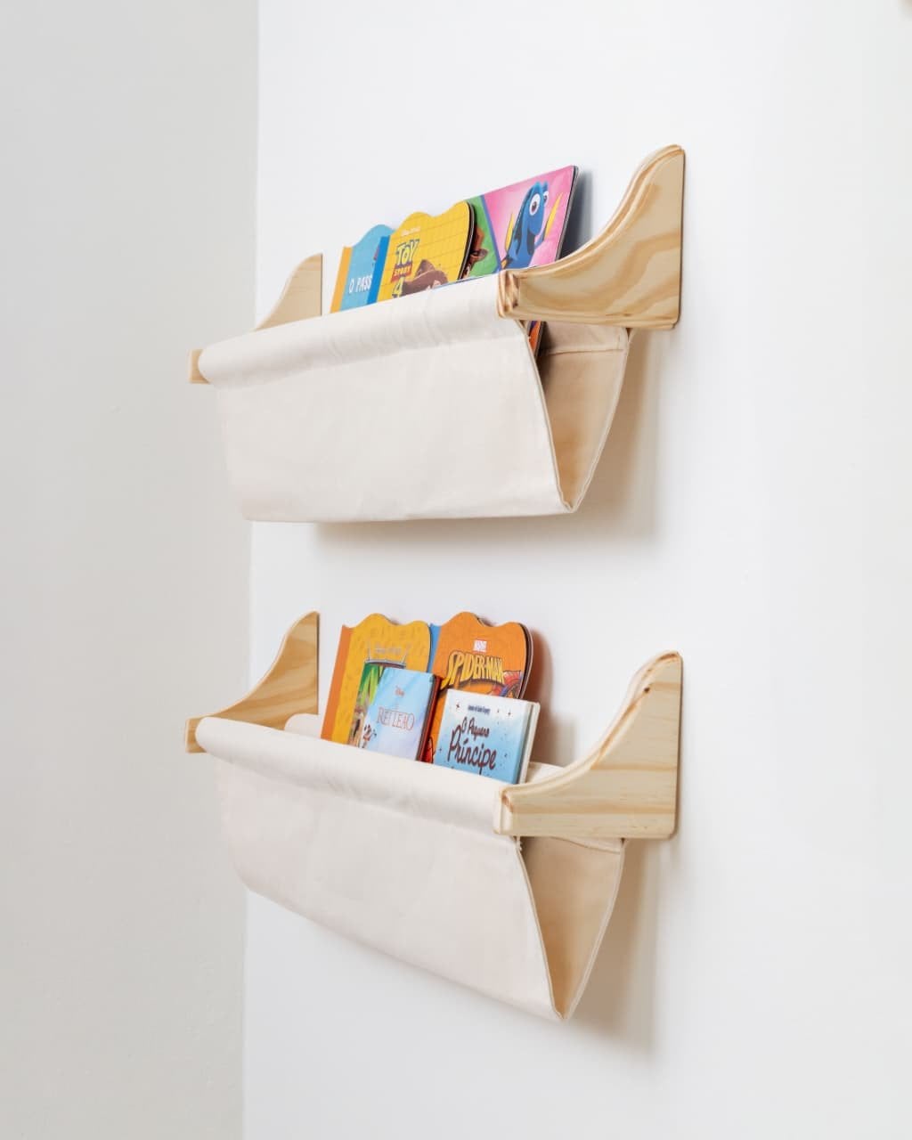 Porta Livros De Parede, Livreiro Montessoriano 2 Bolsos Cru