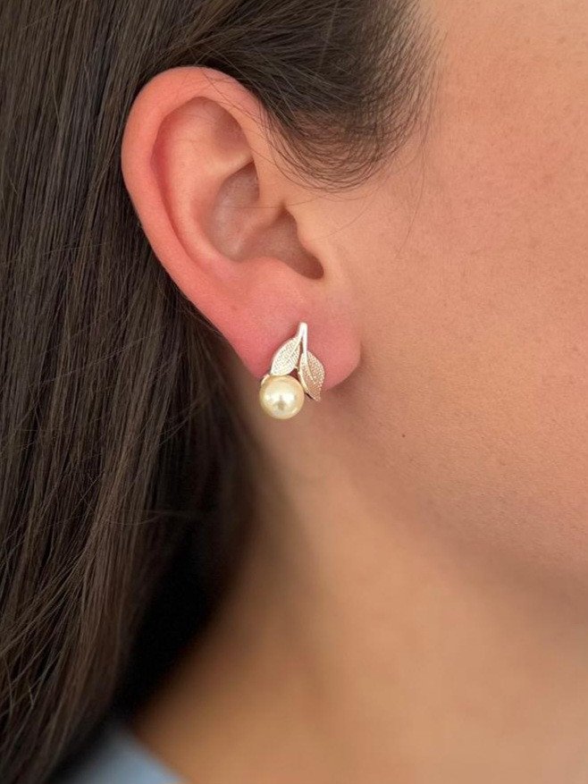 Brinco Folha e Pérola Prata