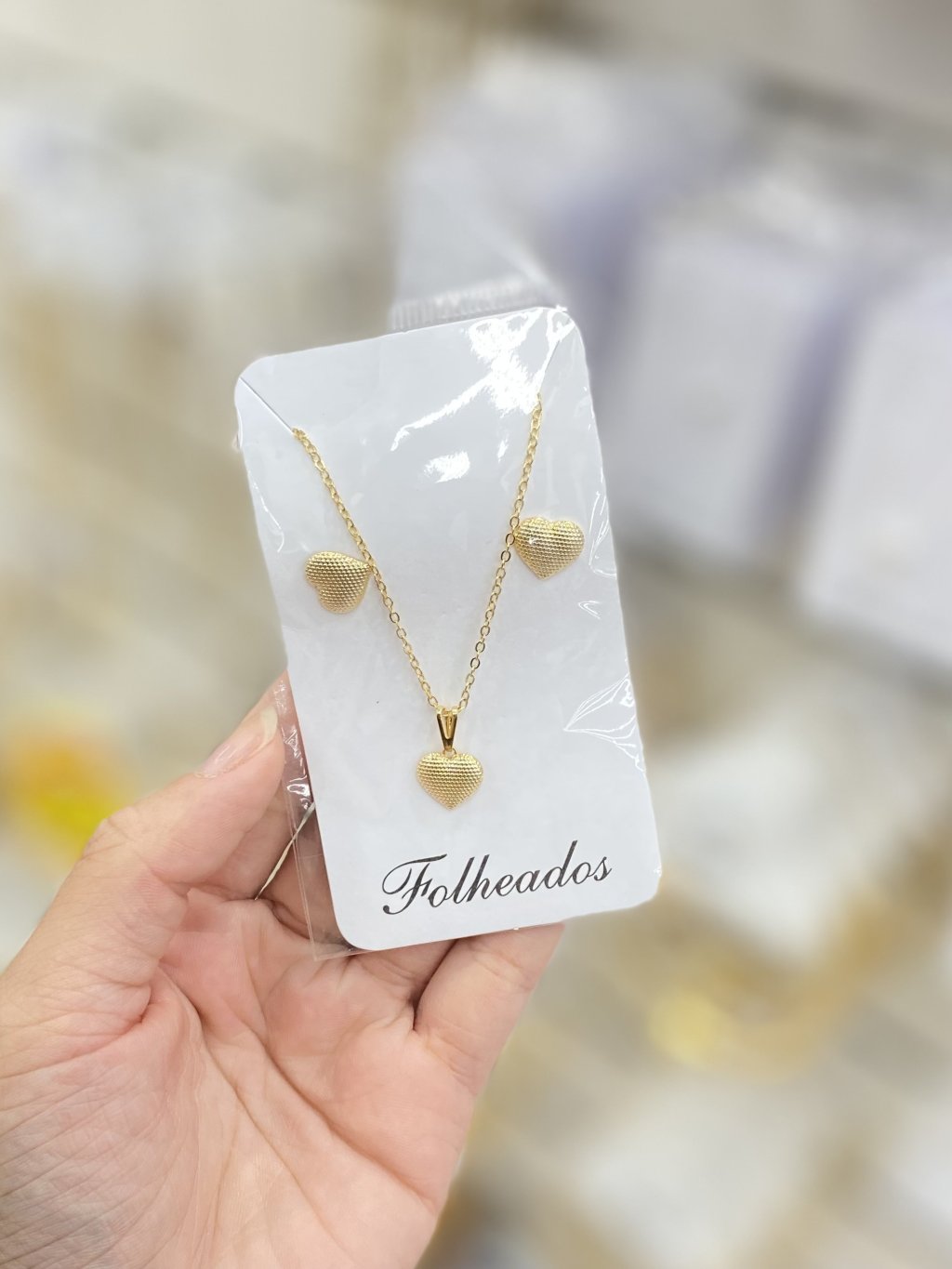 Conjunto folheado coração brinco e colar 