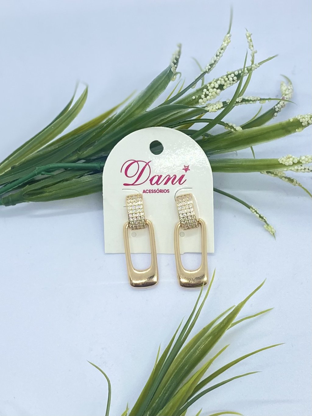 Brinco Zircônia Retângulo Duo com strass