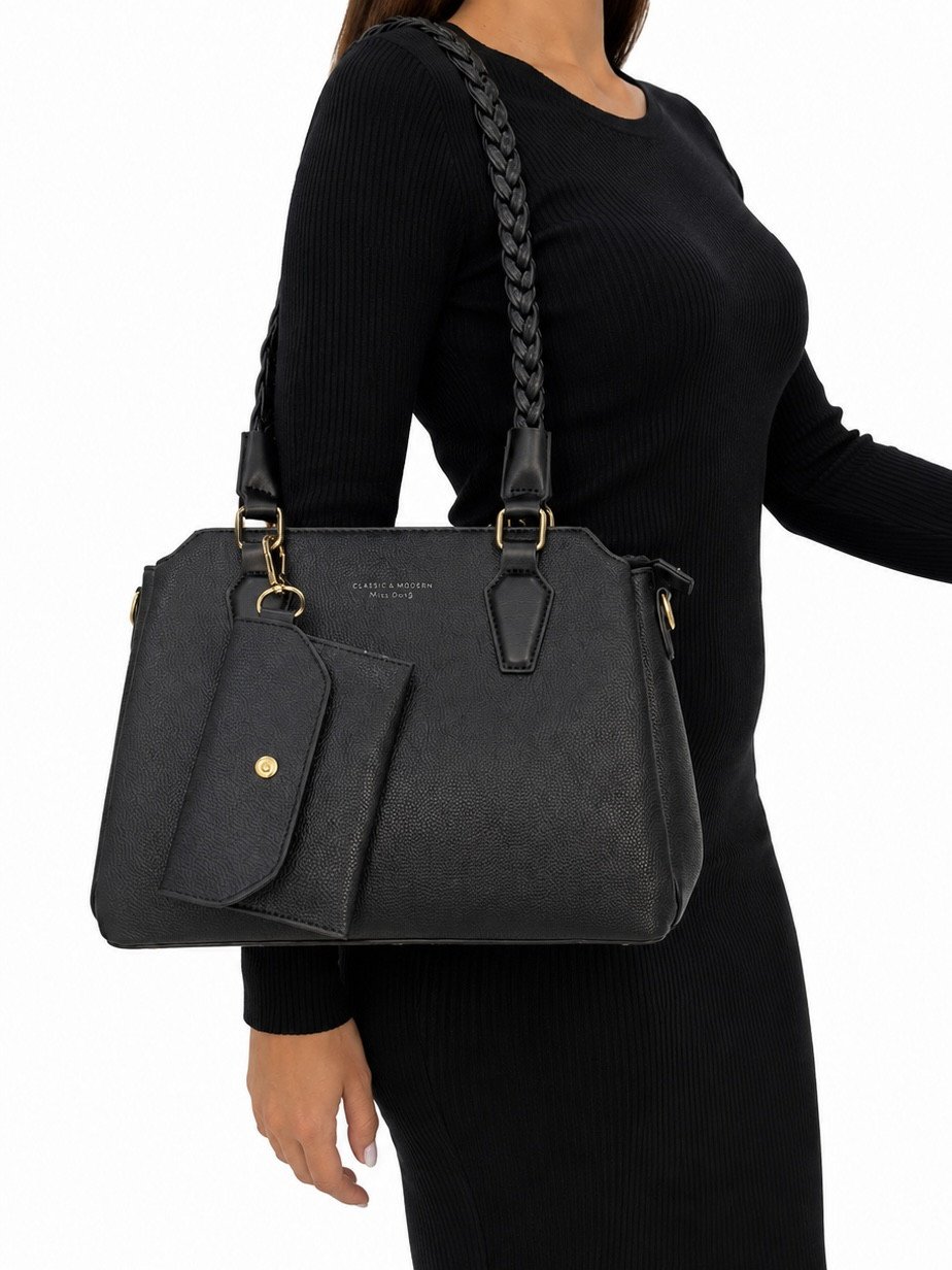 Bolsa três fechos preta com  carteira 