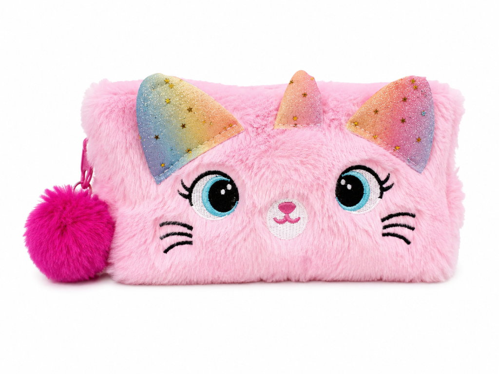 Necesser gatinho rosa claro com pompom 