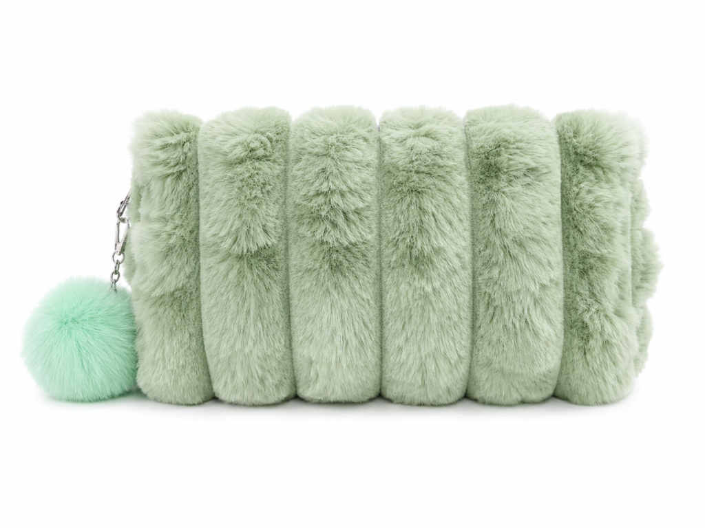 Necesser apeluciada com pompom verde