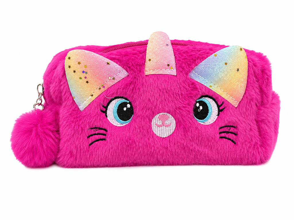 Necesser Gatinho Rosa Forte com Pompom