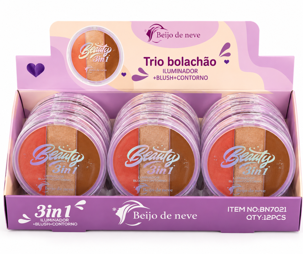 Trio bolachão iluminador+blush+contorno 